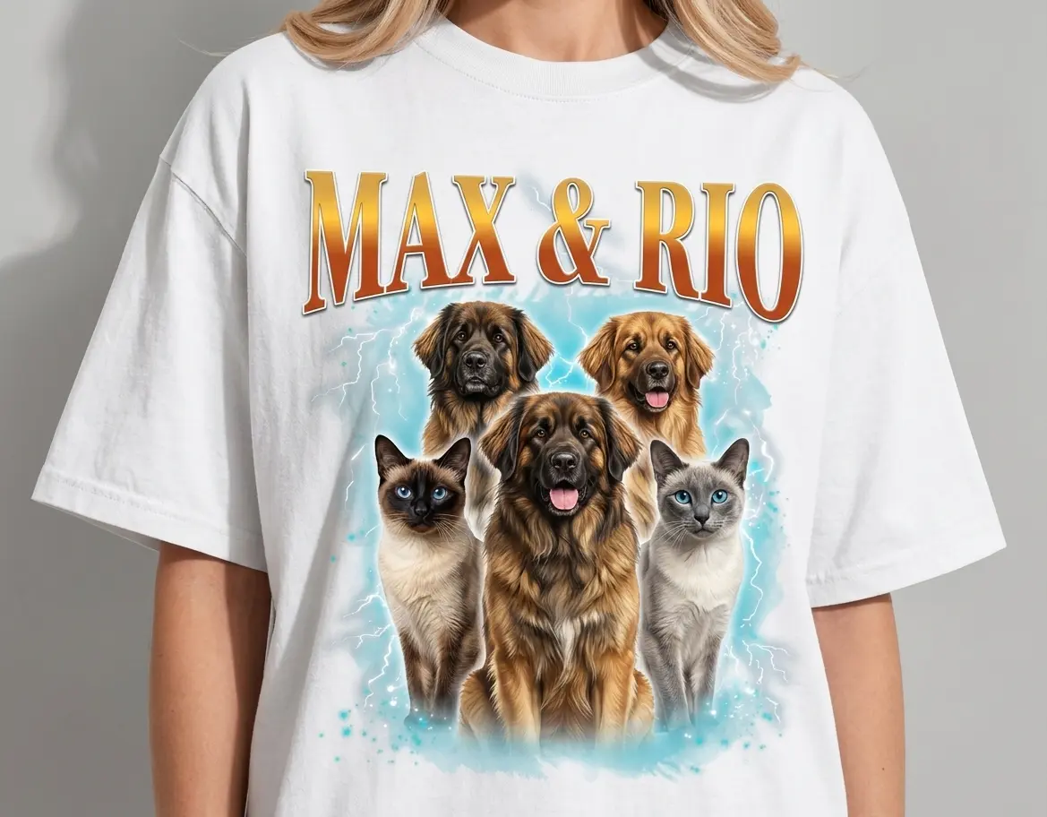 Playera personalizada blanca estilo vintage con ilustración de perros Leonberger, gatos Siamés y el texto MAX & RIO