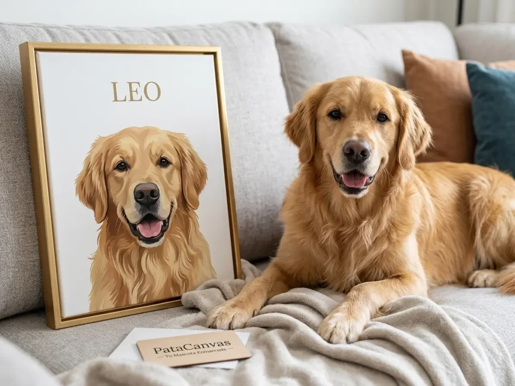 Cuadro personalizado con marco dorado de perro Golden Retriever llamado Leo junto a la mascota real en un sillón.