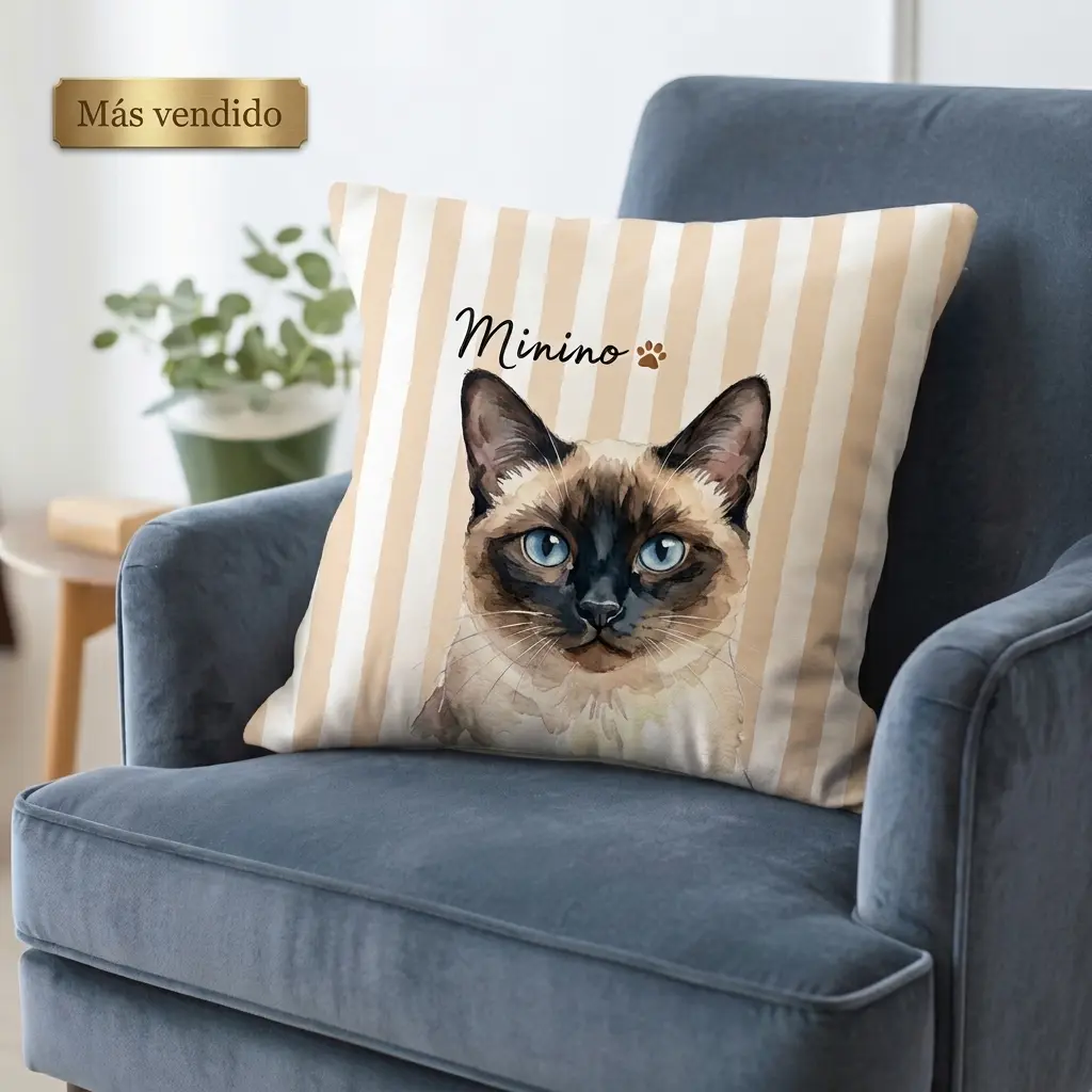 Cojín personalizado con ilustración acuarela de gato siamés y nombre Minino en sillón azul.