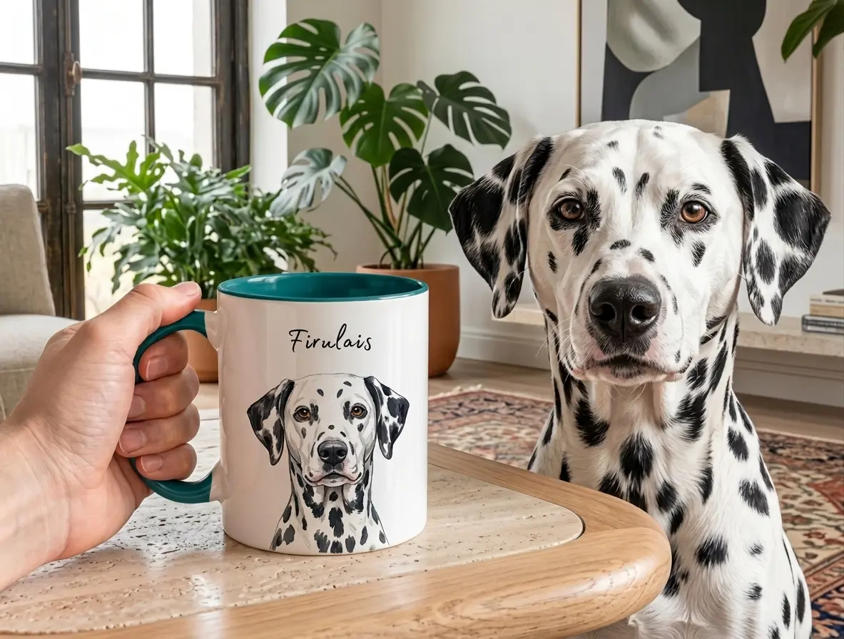 Taza personalizada de cerámica con ilustración en acuarela de perro dálmata y nombre Firulais junto a un dálmata real.